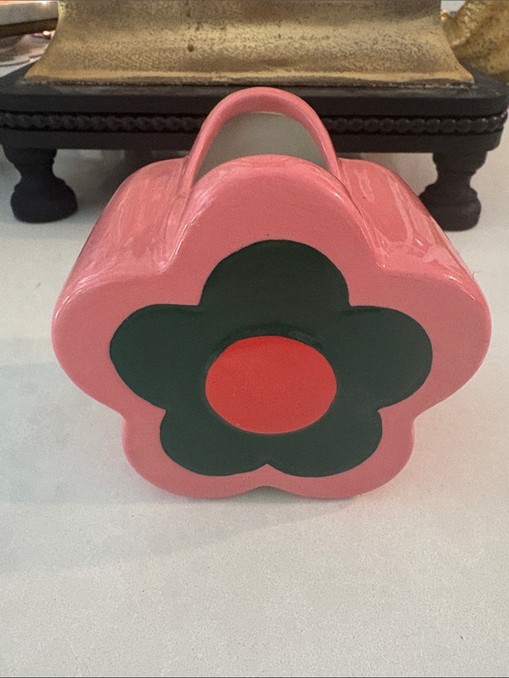 ban.do Pink Flower-Shaped Ceramic Accent Vase with Green Petal and Coral Center